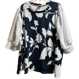 LulaRoe Navy Blue and White Floral Long Sleeve Blouse Blouse - Size 3XL
